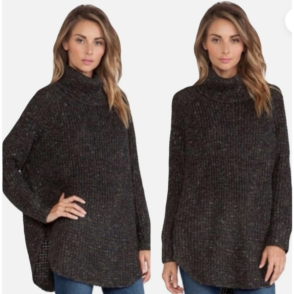 Free People Size M Tweedy Dark Gray Wool Blend Chunky Turtleneck Sweater Dylan - Picture 1 of 15